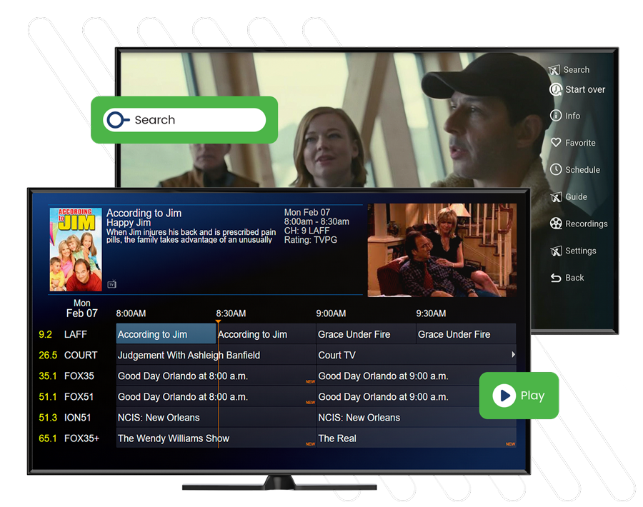 A Xstream Cable interface with a movie playing in the background